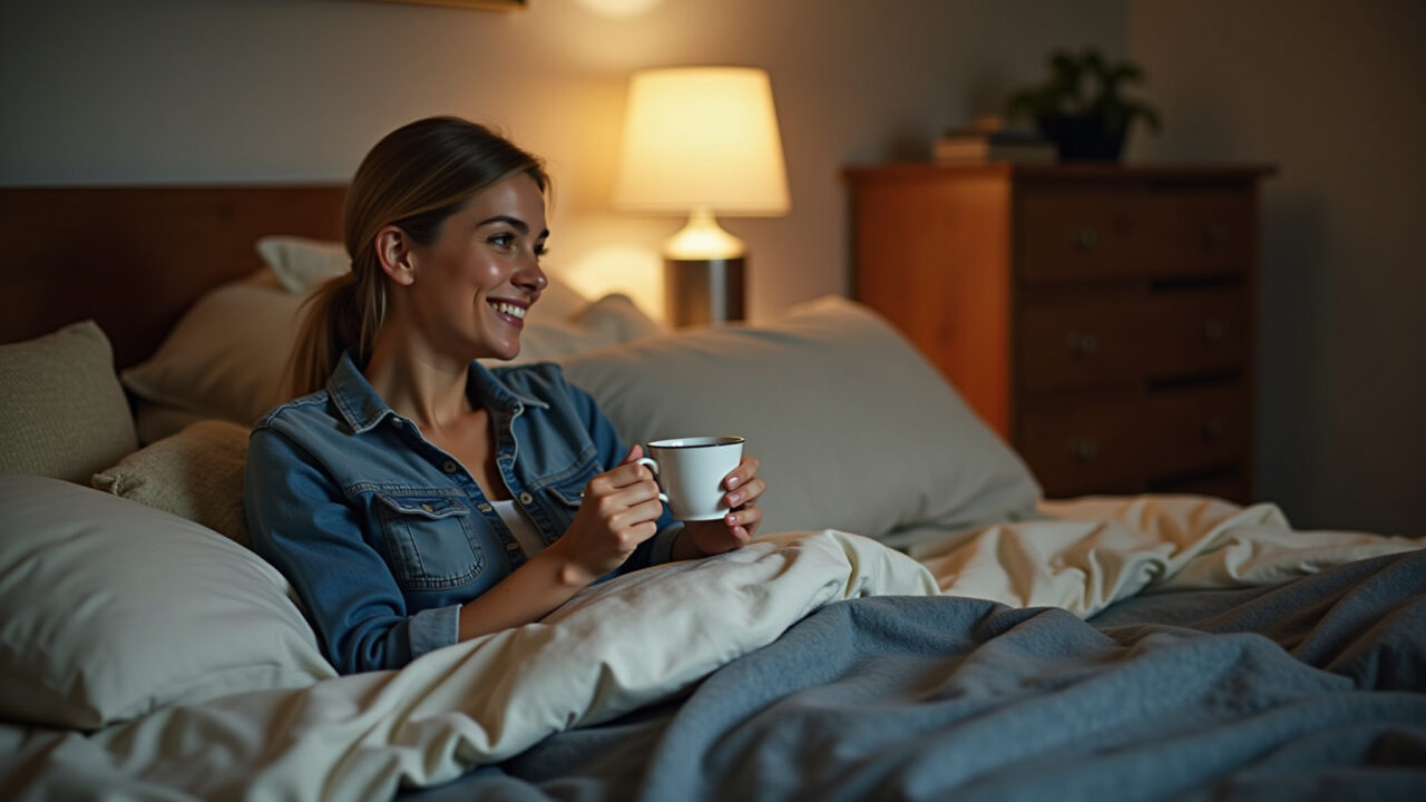 Woman relaxing with fennel tea before bed, dim natural lighting, cozy bedroom setting, focus on Chá de erva-doce para relaxar e dormir melhor.