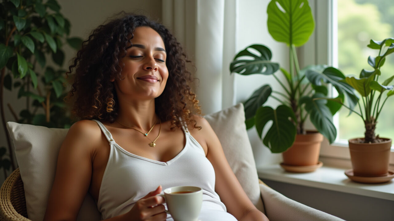 Woman relaxing with graviola tea, calming atmosphere, soft natural lighting, Brazilian interior Mulher relaxando com chá de graviola.