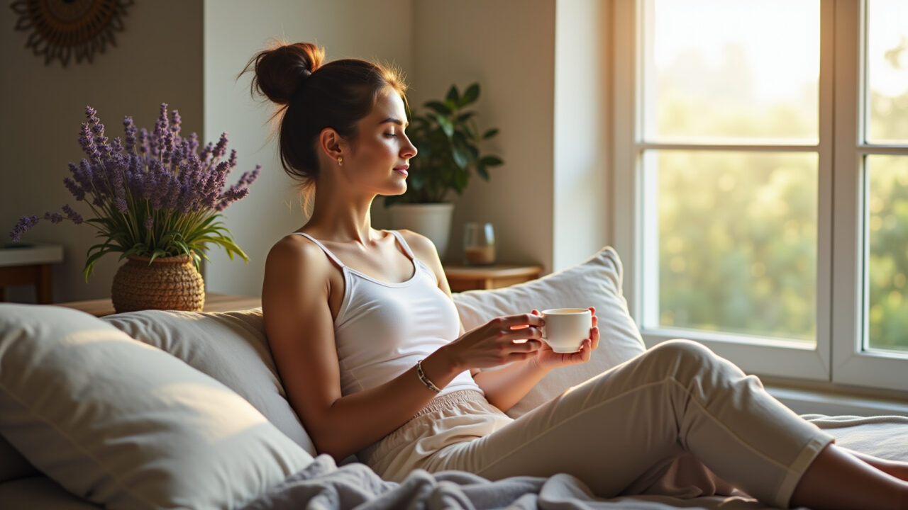Woman relaxing with lavender tea in a sunlit room, Farm Rio style decor, calming atmosphere, Mulher relaxando com chá de lavanda em ambiente calmo e ensolarado.