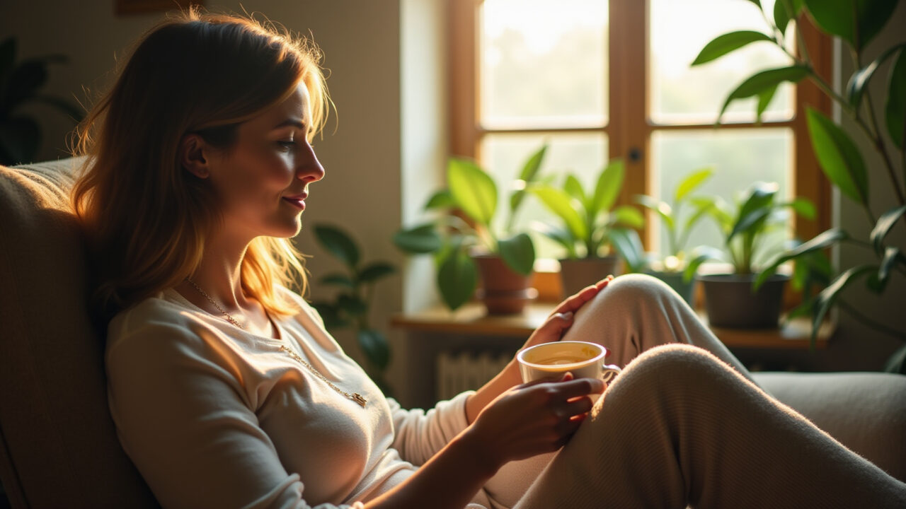 Woman relaxing with lemon leaf tea, cozy Brazilian home, sunlight streaming through window, plants, Mulher relaxando com chá de folha de limão