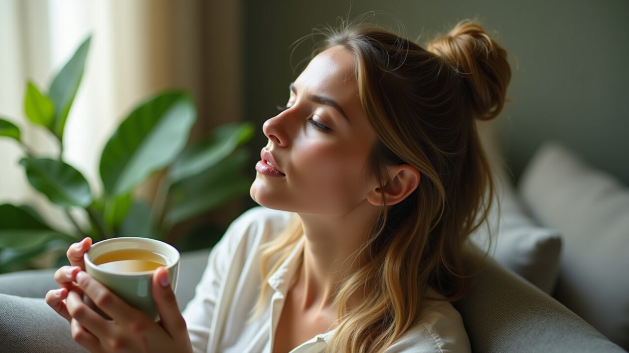 Woman relaxing with mulberry leaf tea, calm environment, natural lighting, stress relief, 8K Mulher relaxando com chá de amora.