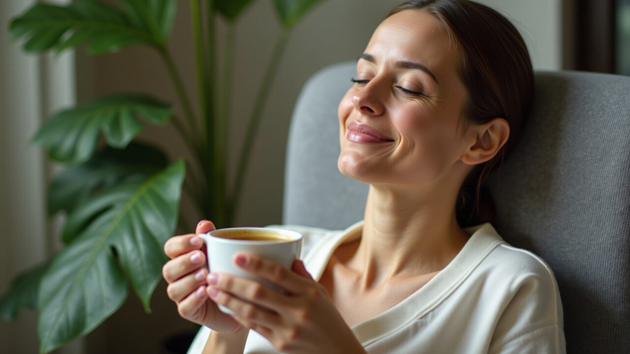 Woman relaxing with siriguela leaf tea, calming atmosphere, soft lighting, stress relief, 8K, sharp Chá de folha de siriguela para relaxar.