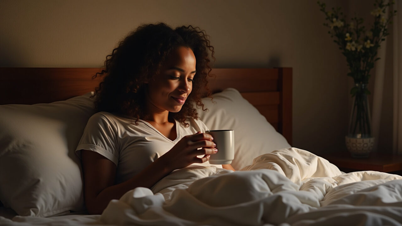 Woman relaxing with uvaia tea before bed, dim lighting, bedroom setting, peaceful expression, Mulher relaxando com chá de uvaia antes de dormir.