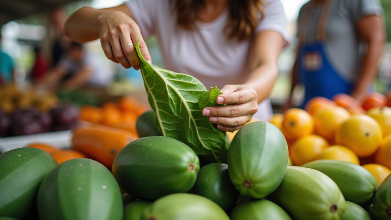 Woman selecting fresh papaya leaves at a vibrant Brazilian farmers market, natural light, 8K, sharp Mulher escolhendo folhas de mamão verde na feira.