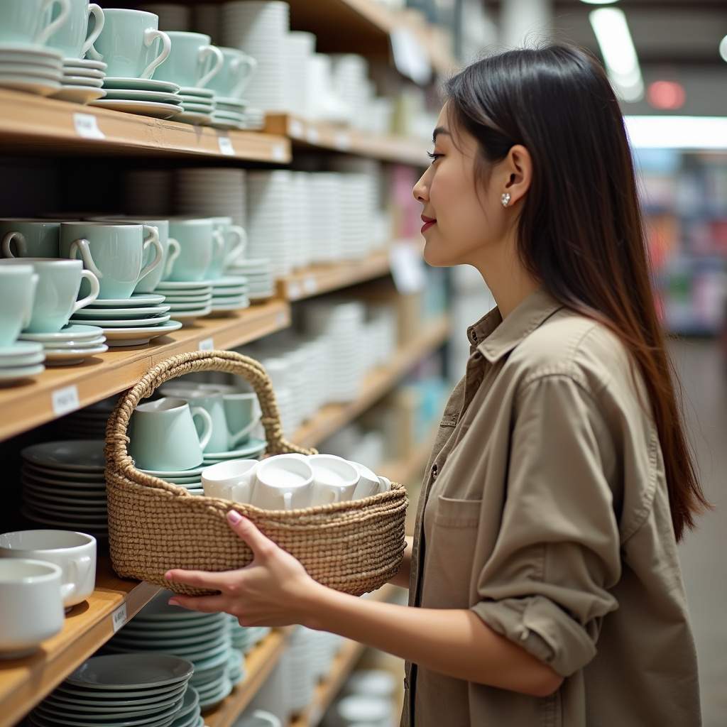 Woman shopping for kitchen organizers, cups and saucers, store shelf, variety, bright, commercial Mulher comprando organizadores de armário para xícaras e pires.