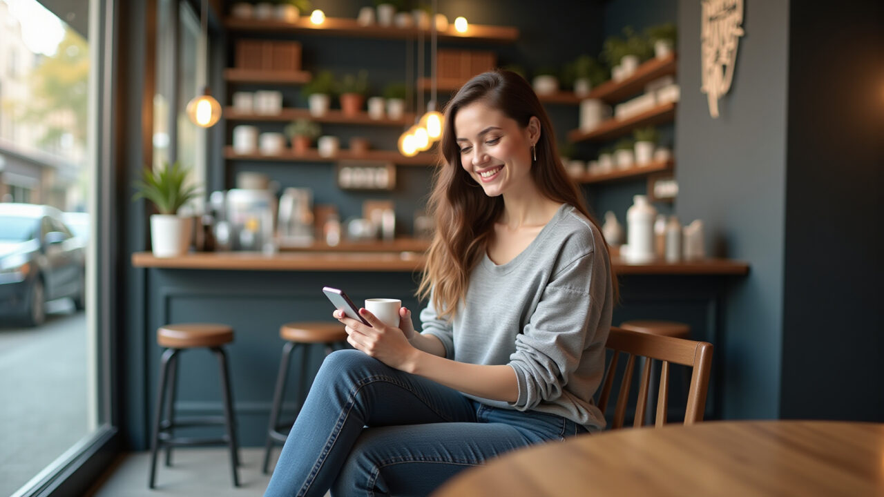 Woman sitting, coffee shop, looking at phone, casual outfit, relaxed, professional photography, 8k, Mulher sentada em café, usando celular.