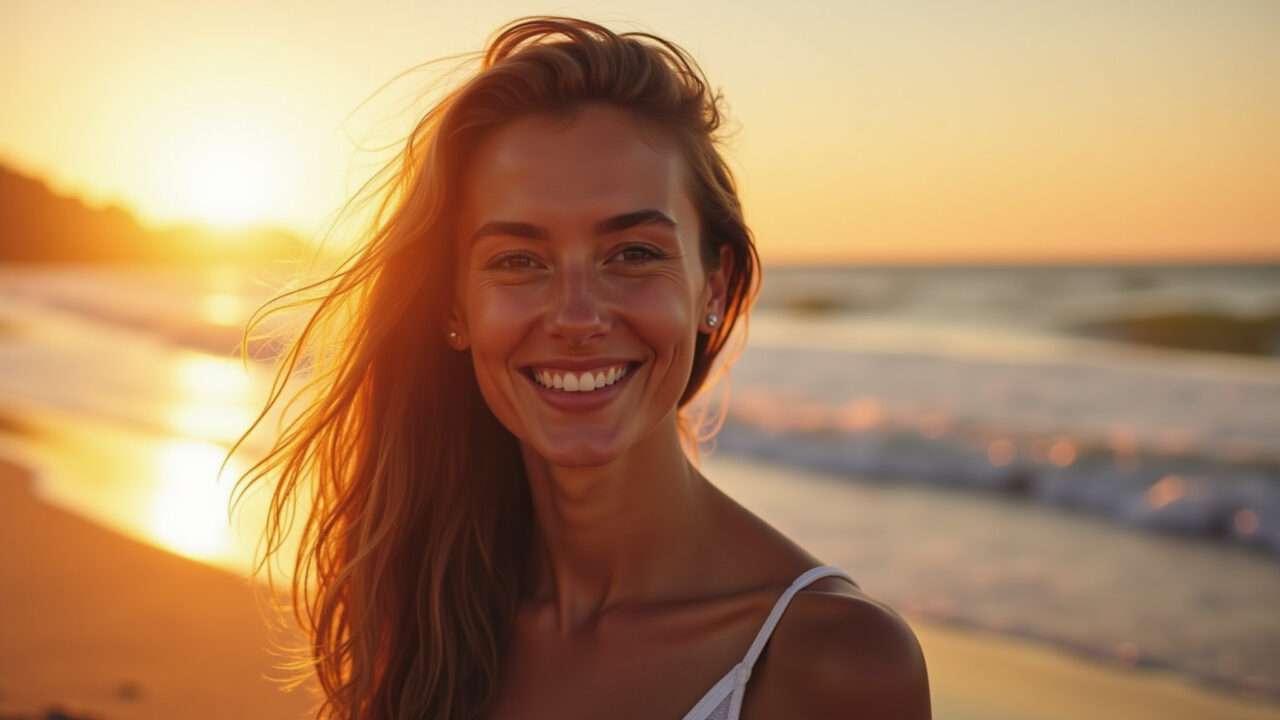 Woman smiling, golden hour, sunset, beach background, happy, vibrant colors, professional Mulher sorrindo na praia ao pôr do sol.