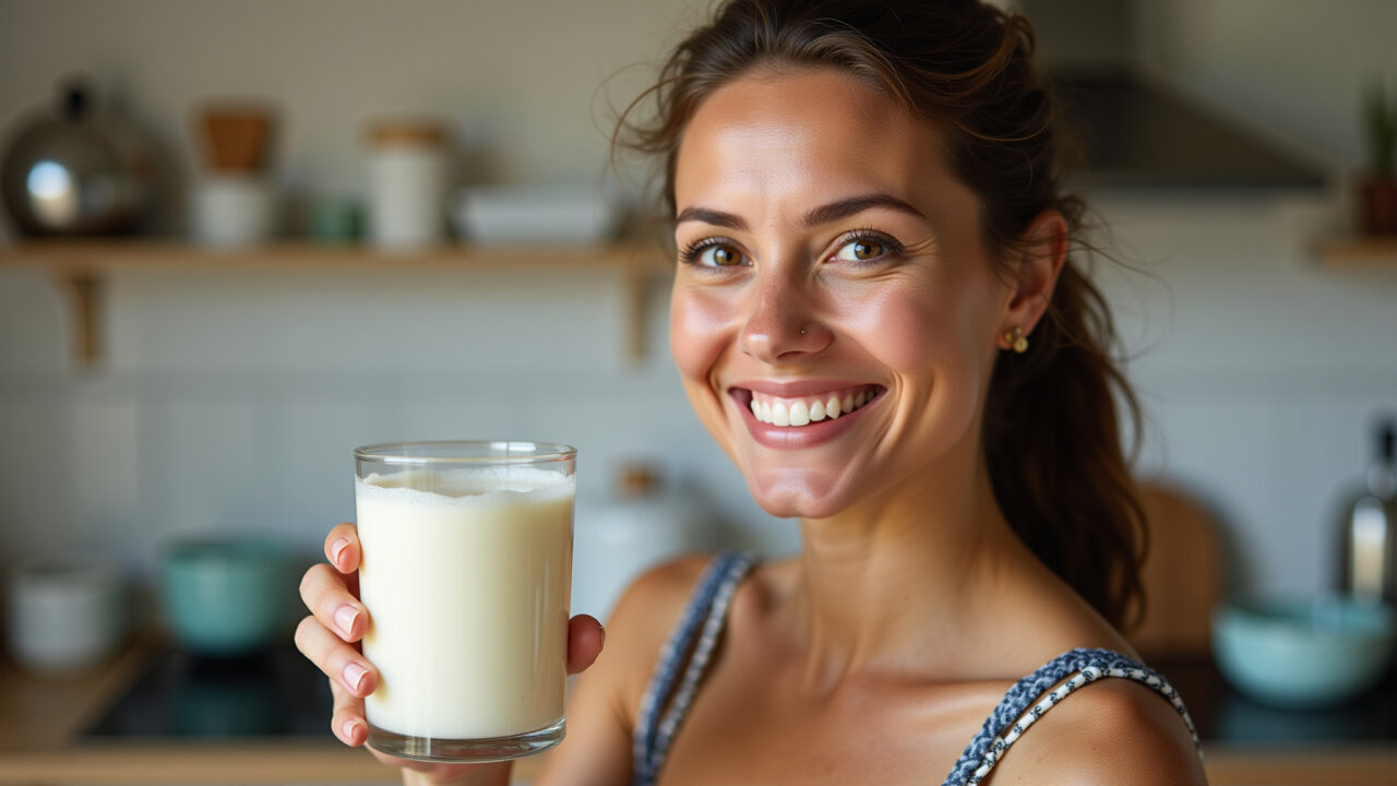 Woman smiling, holding a glass of homemade kefir, Brazilian style kitchen background, healthy Mulher sorrindo com copo de kefir caseiro.