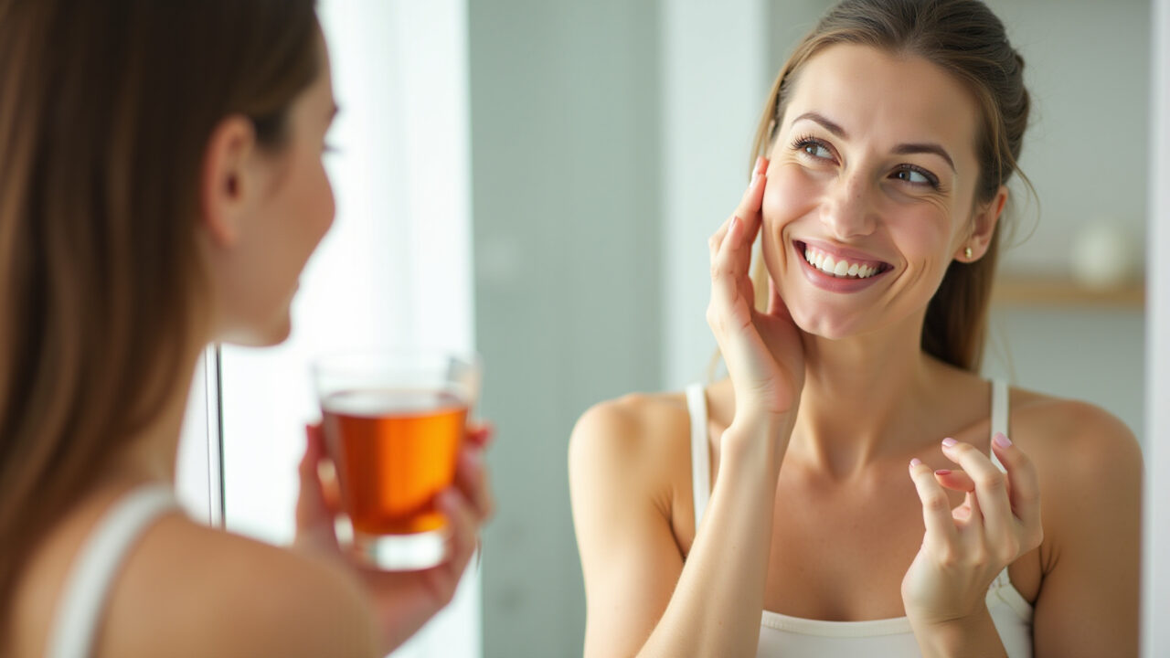 Woman using fennel tea as a facial toner, natural lighting, focus on skincare, clean and bright Chá de erva-doce e seus benefícios para a pele.