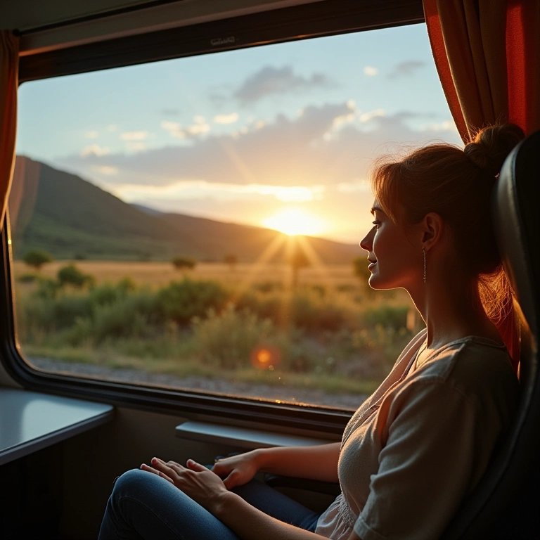 Woman using Portuguese train, scenic countryside view, travel by train, public transport, natural Mulher viaja de trem com vista para o campo português.