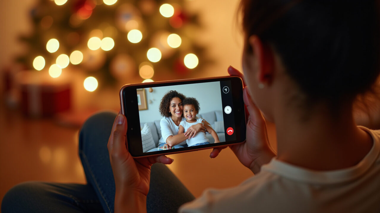 Woman video calling family during Christmas, warm lighting, emotional connection, Brazilian decor, Mulher fazendo videochamada com a família no Natal, transmitindo afeto.