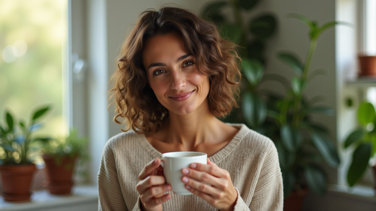 Woman with a serene expression holding a cup of chamomile tea in a cozy, brightly lit Brazilian Mulher relaxando com chá de camomila.