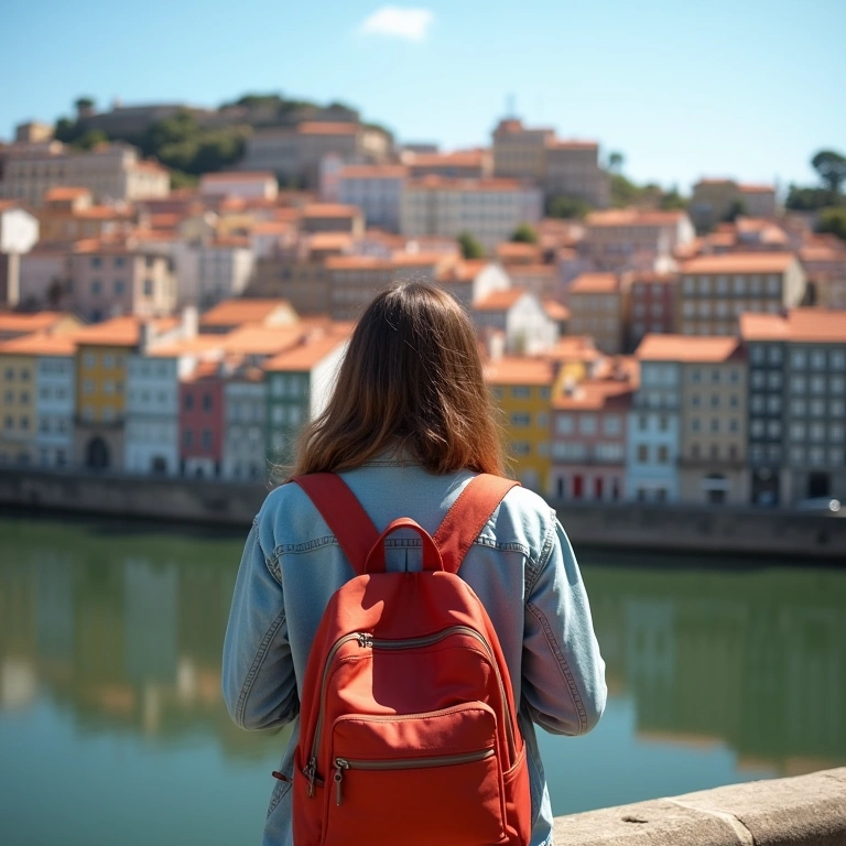 Woman with backpack exploring Porto's Ribeira district, colorful buildings, Douro River, sunny day, Turista explora a Ribeira do Porto com mochila.