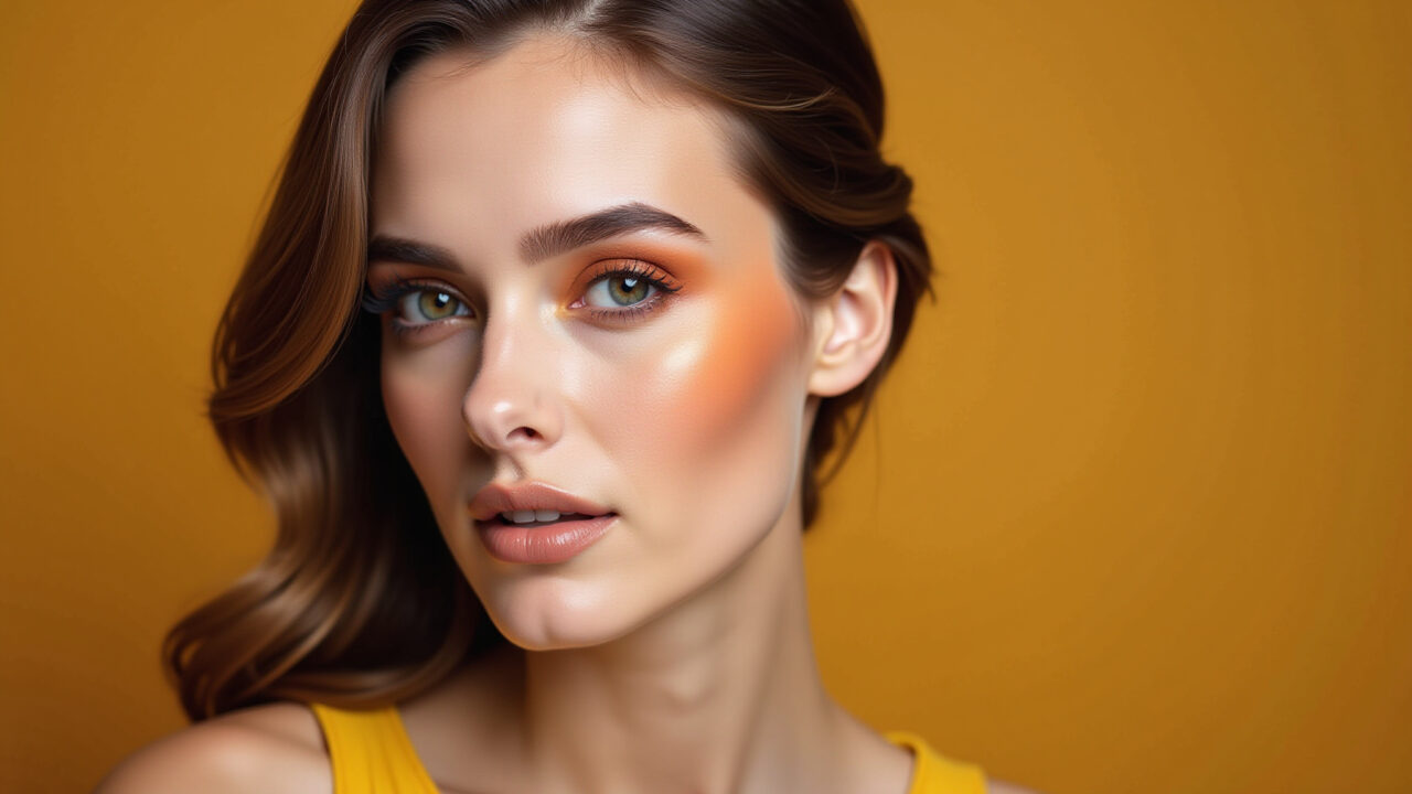 Maquiagem sofisticada para vestido amarelo mostarda.