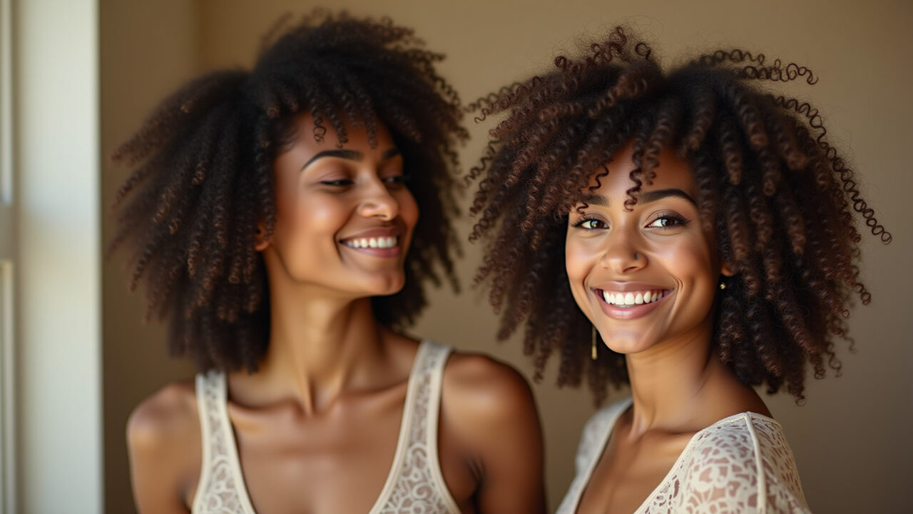 Woman with defined curls using okra gel as hair styling product. Farm Rio style, natural light, 8K Cabelo cacheado definido com gel de quiabo.