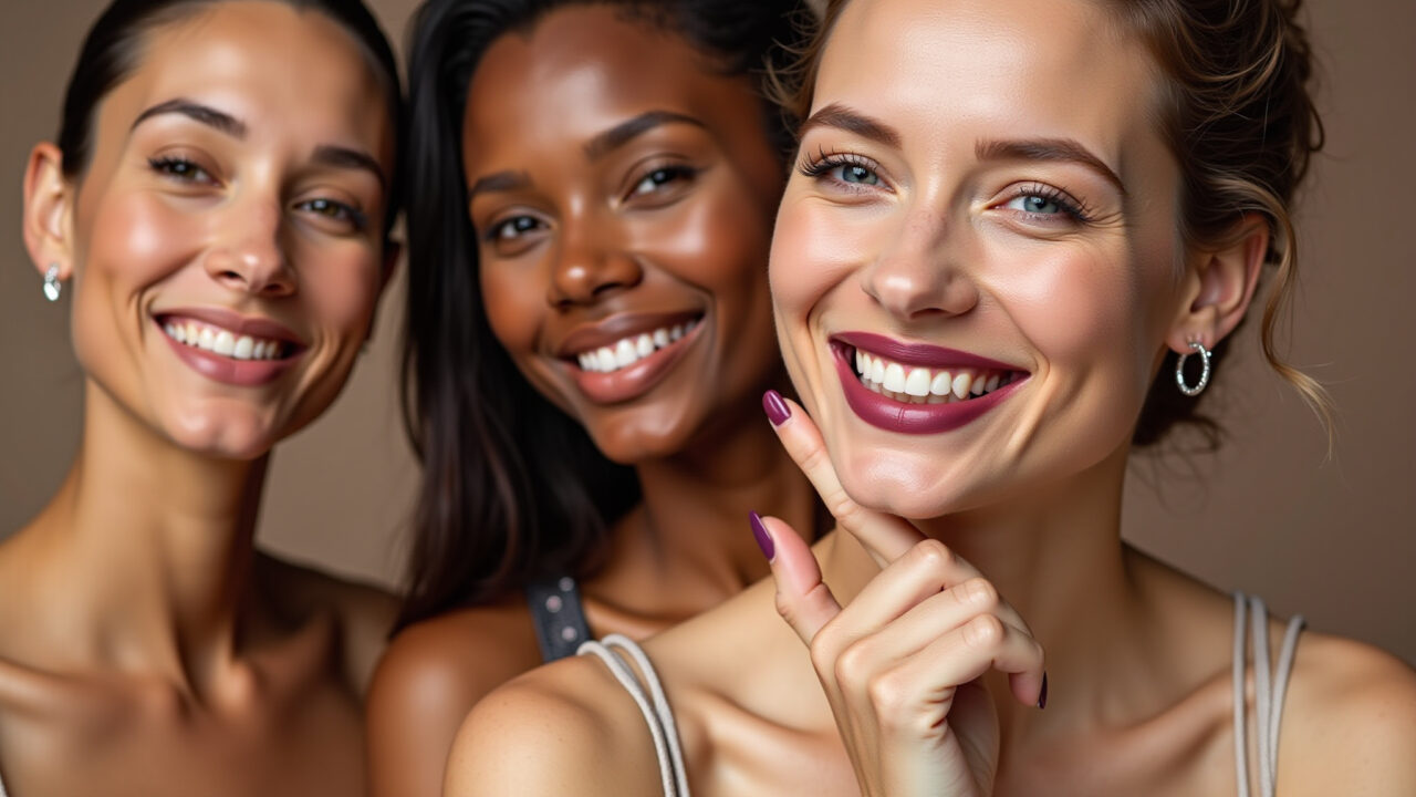 Woman with different skin tones wearing Nyx Soft Matte Lip Cream Monte Carlo, natural light, 8k, Batom Nyx Monte Carlo em diferentes tons de pele.