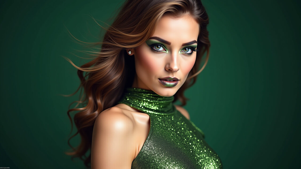 Maquiagem glamourosa para vestido verde com brilho: delineador com glitter e batom metalizado.