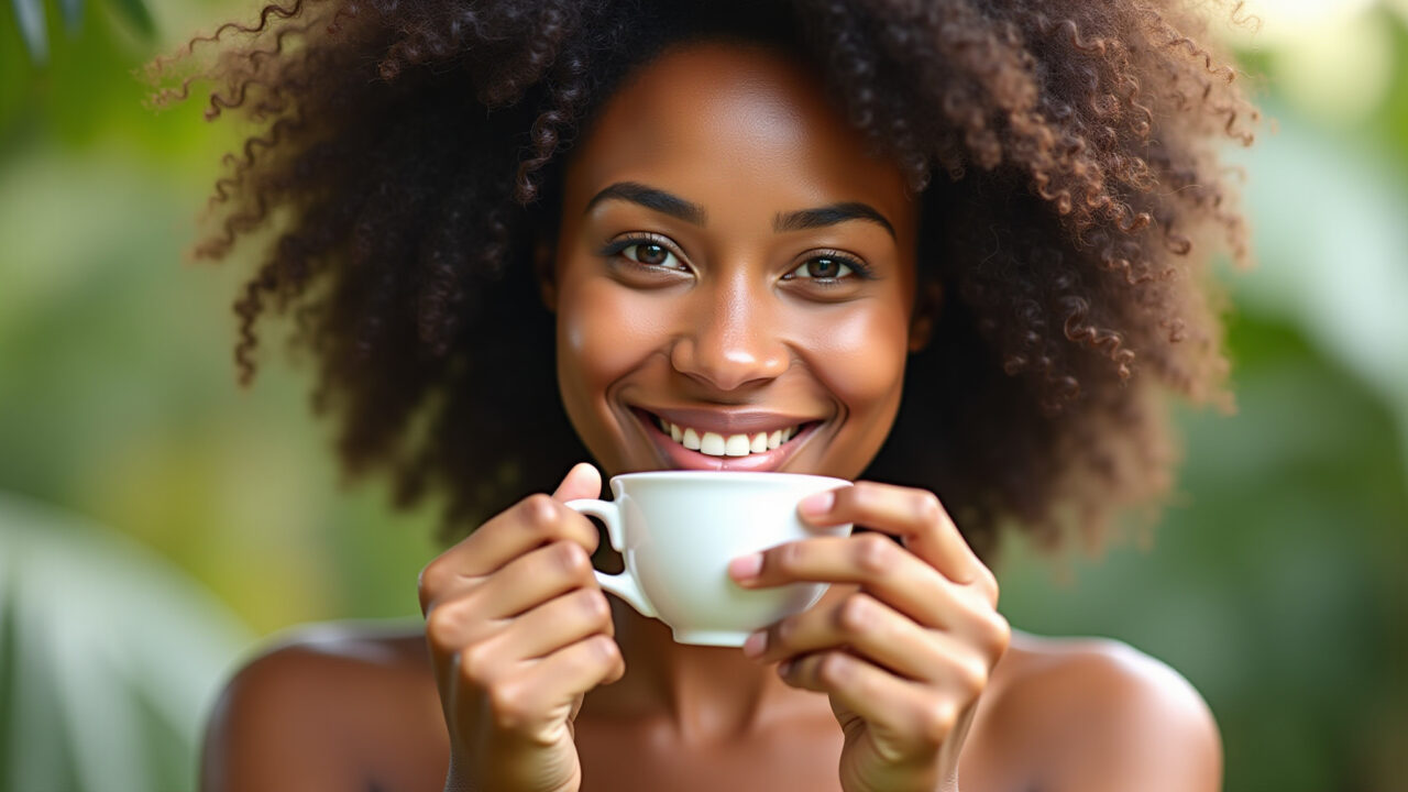 Woman with glowing skin, holding a cup of mulberry leaf tea, natural lighting, skincare benefits, Mulher com pele radiante e chá de amora.