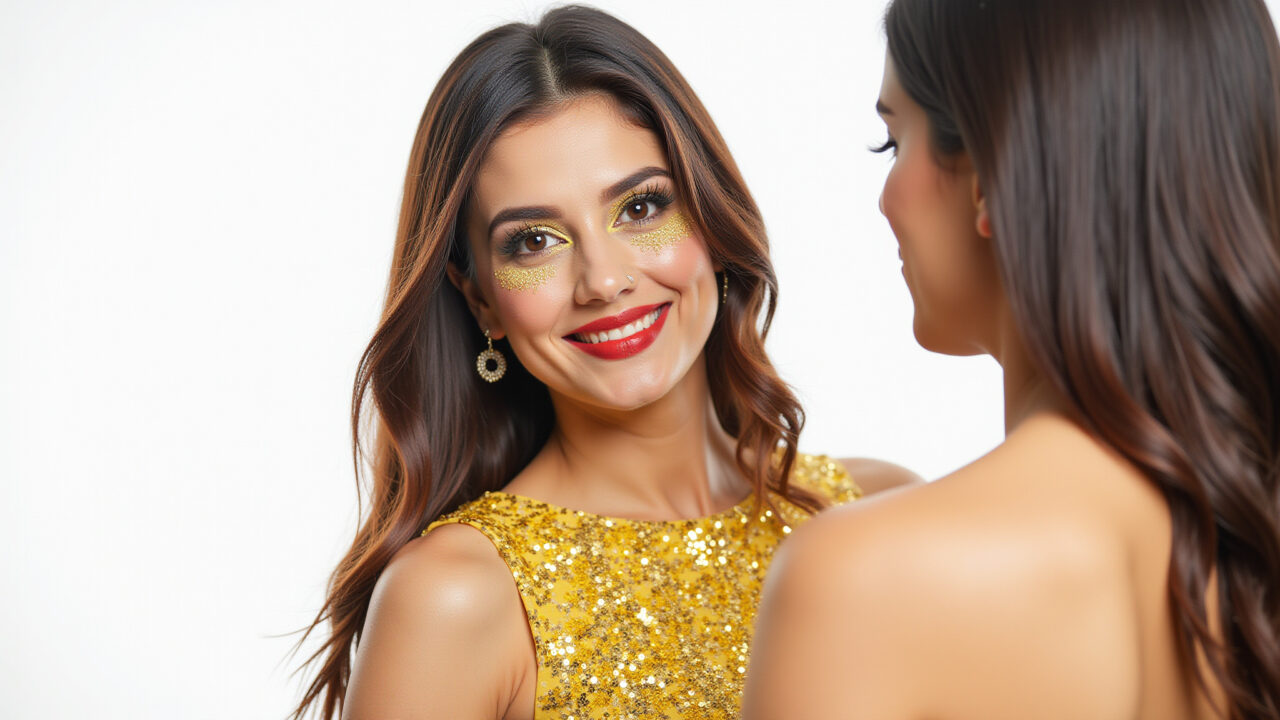 Maquiagem glamourosa para vestido amarelo com brilho.