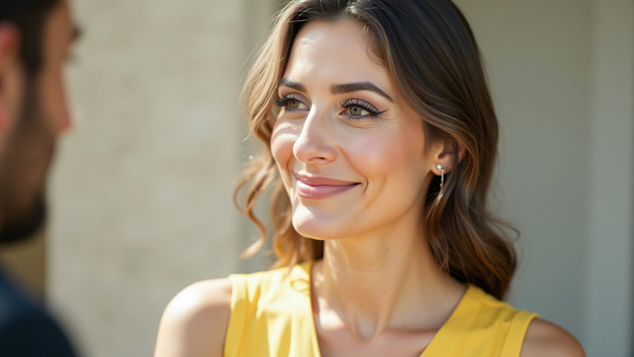 Maquiagem simples para vestido amarelo casual.