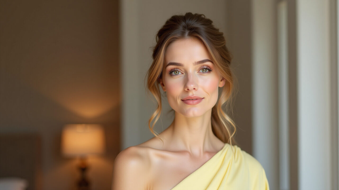 Maquiagem leve para vestido amarelo para o dia.