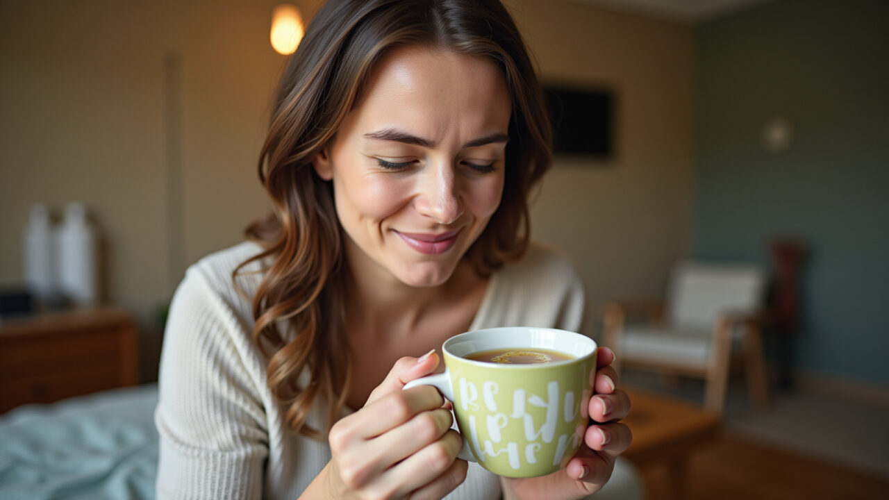 Woman with mild cramps, holding cup of passion fruit leaf tea, comforting expression, warm Chá de folha de maracujá para cólicas.