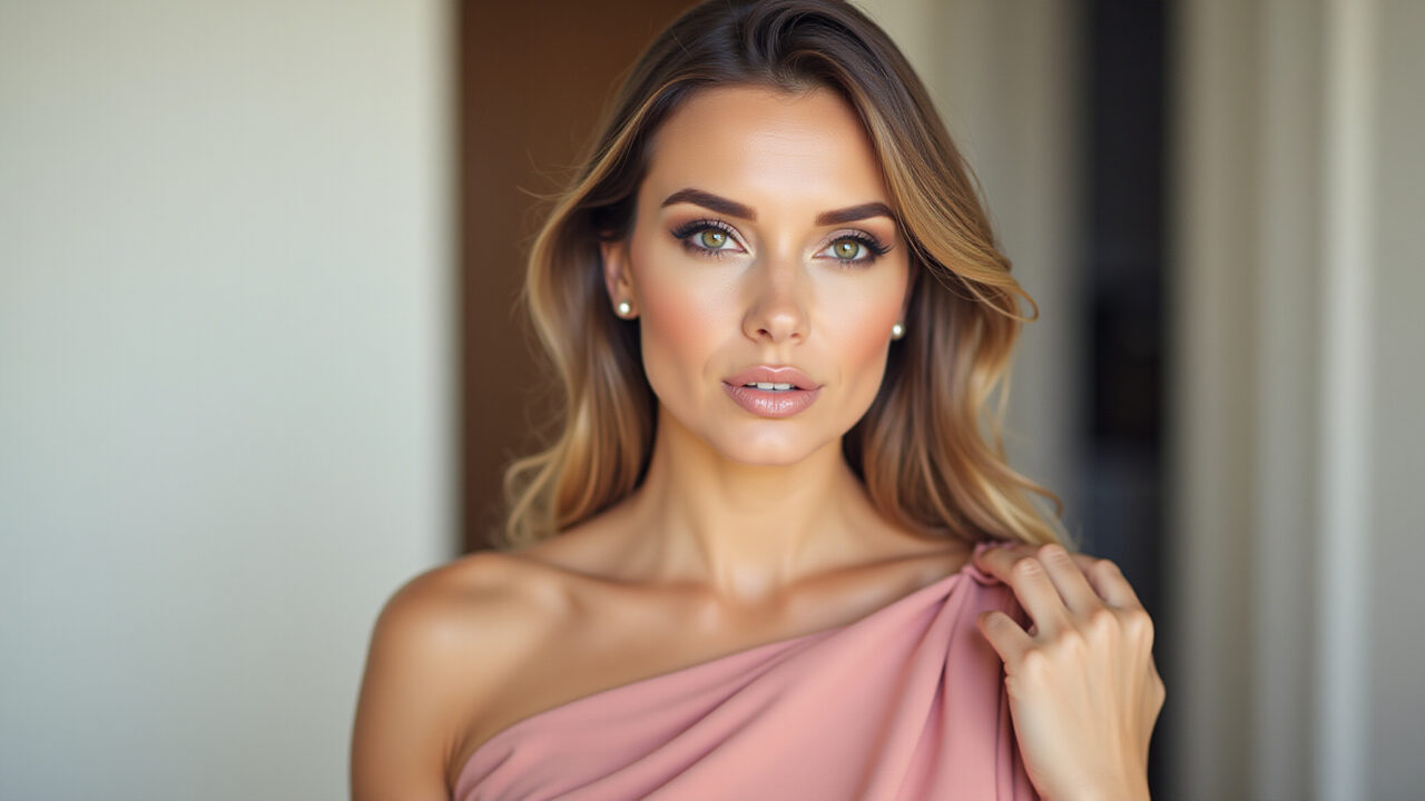 Batom nude com olho esfumado para vestido rosa.