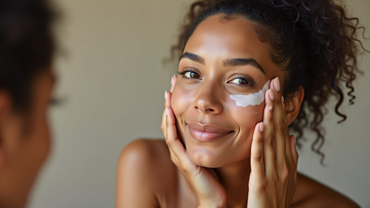 Woman with oily skin applying tinted sunscreen with dry touch, matte effect, natural light, Protetor solar com toque seco para pele oleosa e acneica.
