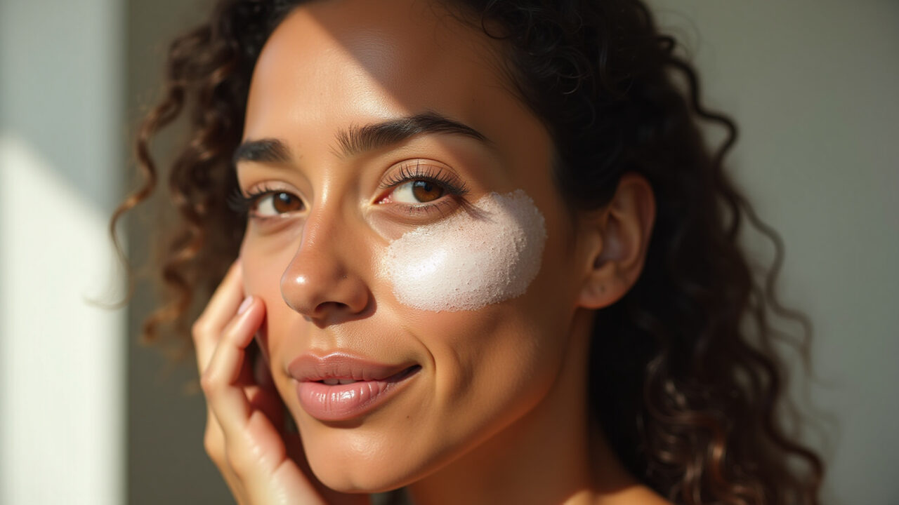 Woman with oily skin using tinted sunscreen with oil control, matte skin, natural light, Protetor solar com cor e controle de oleosidade.