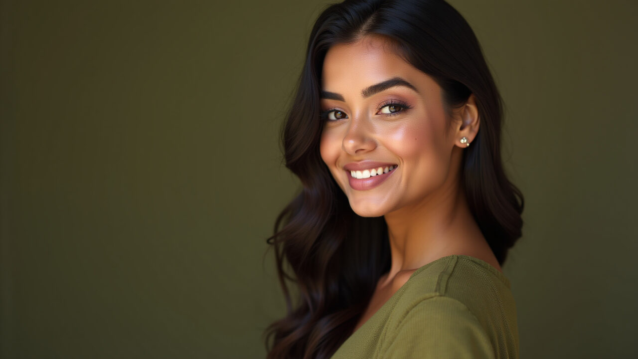 Maquiagem natural para vestido verde musgo: tons terrosos e blush rosado.