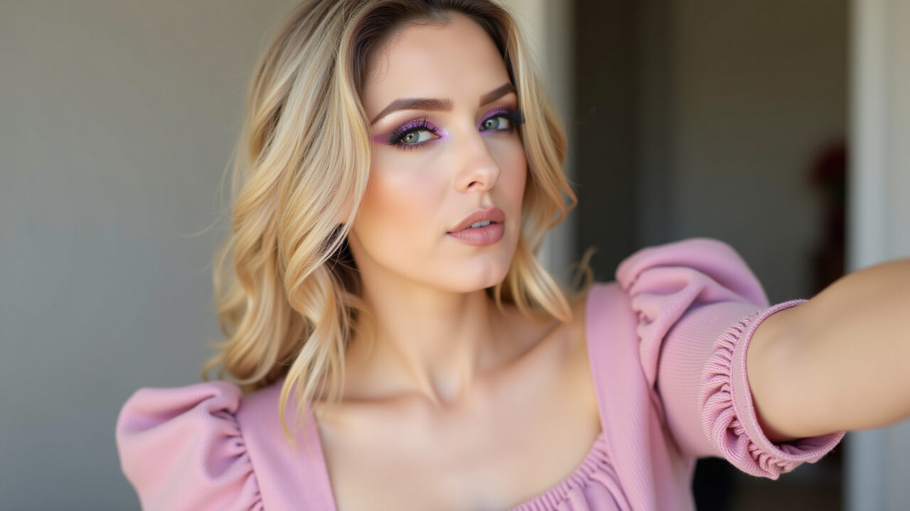 Sombra roxa com batom nude para vestido rosa.