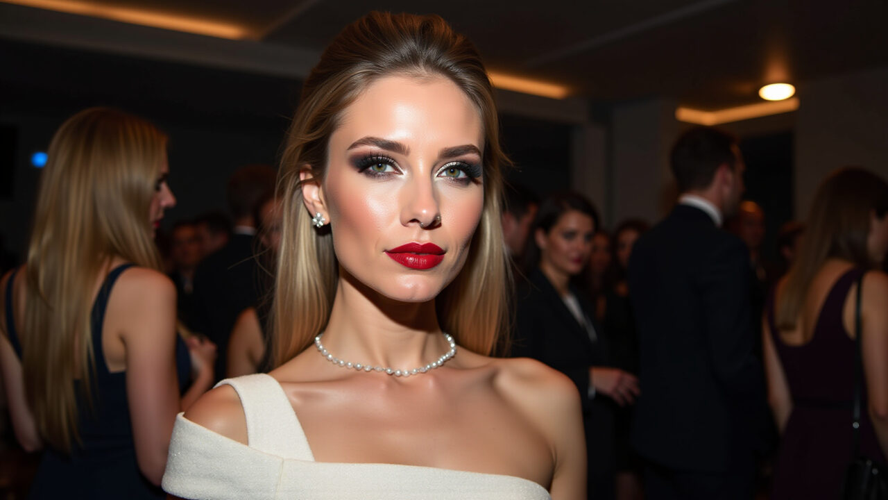 Maquiagem sofisticada para vestido branco à noite.