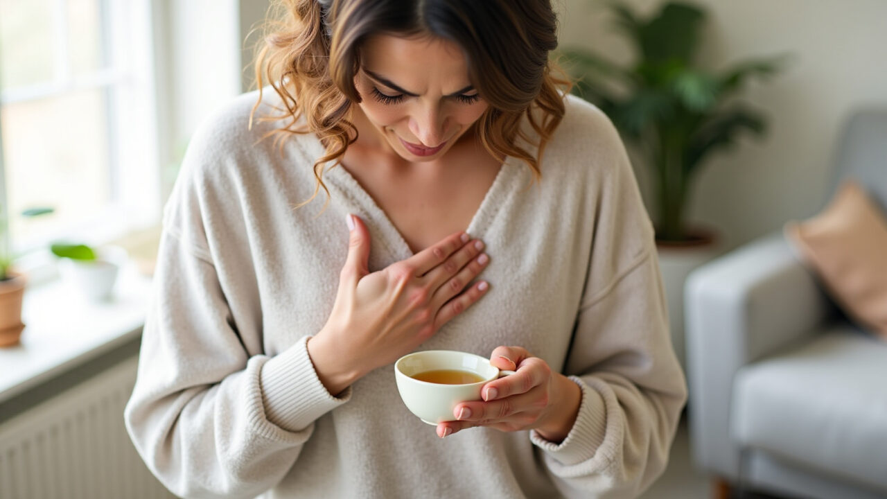 Woman with stomach ache, drinking avocado leaf tea, relief, natural remedy, cozy home environment, Mulher aliviando dor de estômago com chá de abacate.