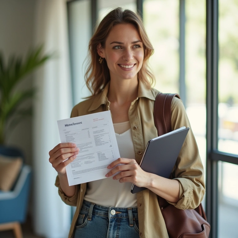 Woman with travel insurance documents, passport, travel planning, safety first, bright room, Mulher com documentos de seguro viagem e passaporte.
