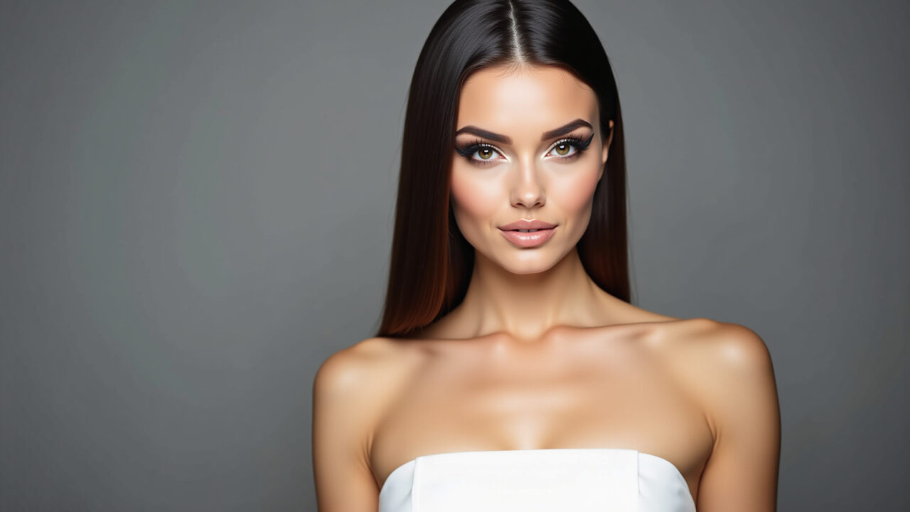 Maquiagem com delineado para vestido branco.