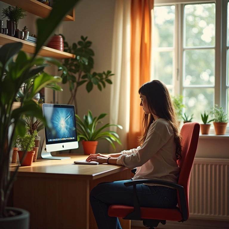 Woman working from home on a large screen laptop, ergonomic setup, natural light, vibrant Brazilian Mulher trabalhando em casa com notebook de tela grande e setup ergonômico.