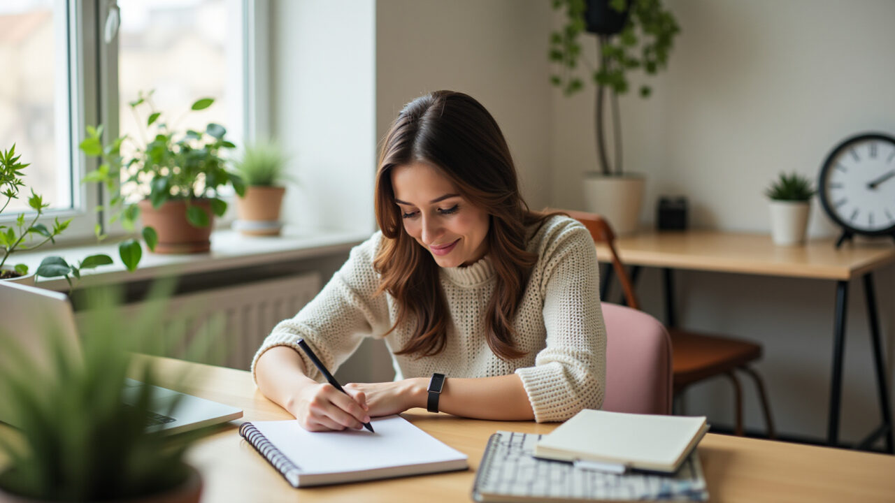 Woman writing, journal, desk, plants, cozy room, inspiration, professional photography, 8k, sharp Mulher escrevendo em diário em quarto aconchegante.