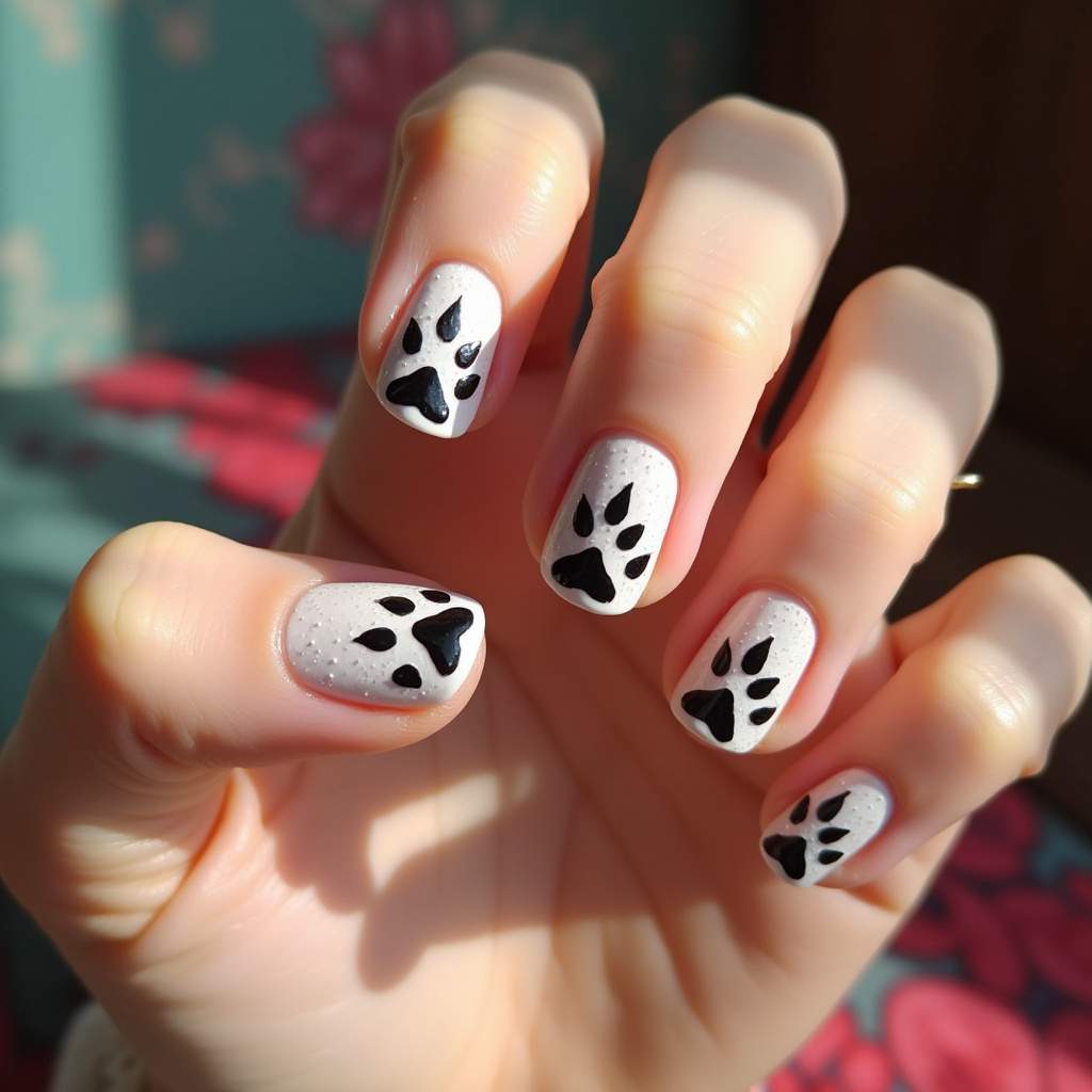 Woman's hand showing nails with paw print nail art, simple design, colorful background, natural Unhas com delicadas patinhas de cachorro.