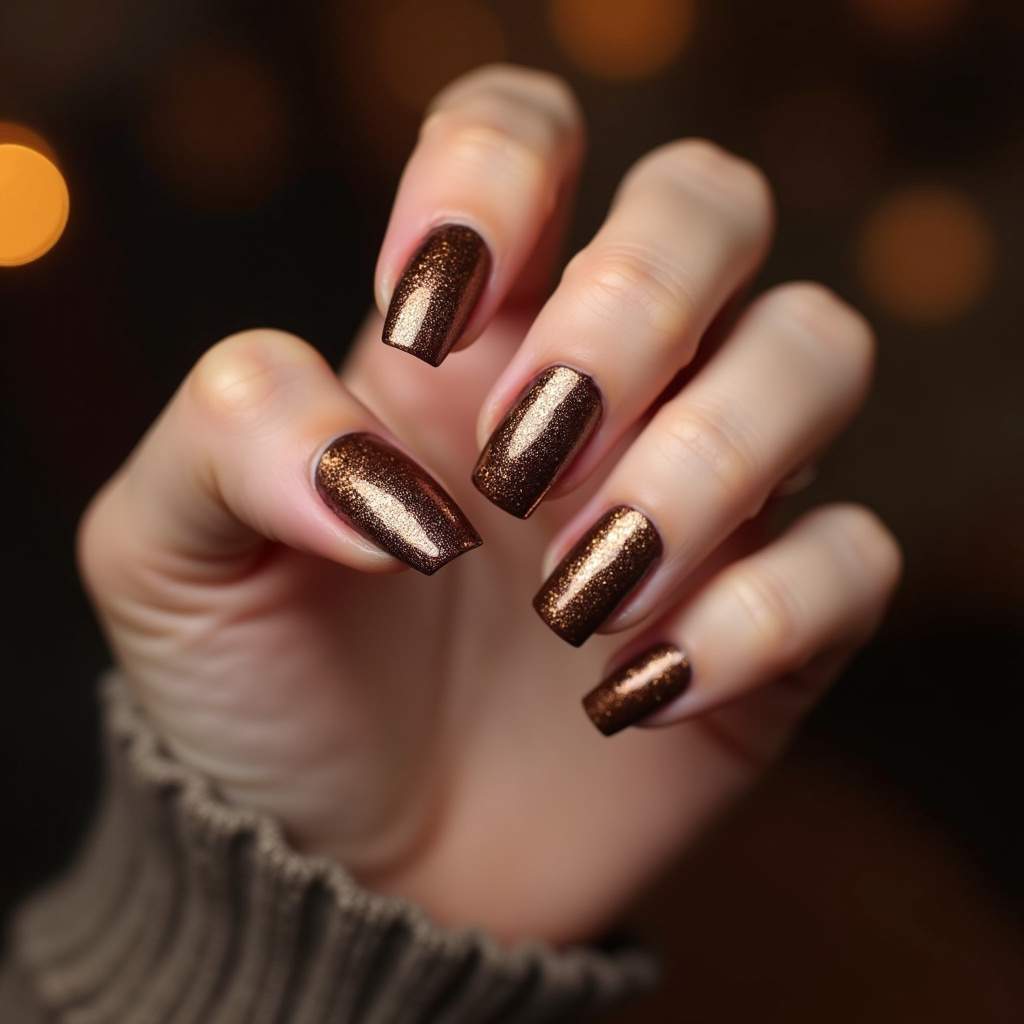 Woman's hand with coffee glitter nail art, bronze and gold, party setting, professional Unha café com glitter dourado e bronze.
