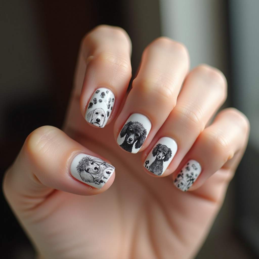 Woman's hand with nail art featuring a detailed Poodle design, celebrating a specific dog breed, Nail art detalhada inspirada na raça Poodle.