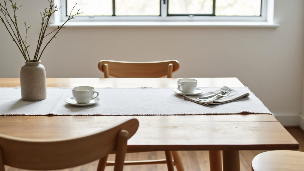 Wooden table, linen tablecloth, cotton napkins, stone vase, minimalist decor, natural light, 8K, Mesa com texturas naturais e materiais sustentáveis.
