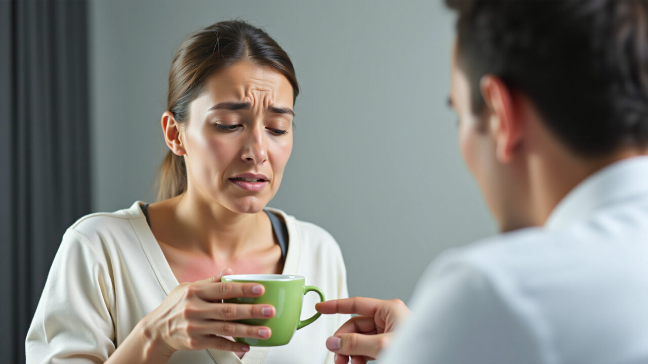 Worried woman, stomach ache, green tea cup, side effects, doctor consultation, neutral background, Mulher preocupada com dor de estômago após tomar chá verde.