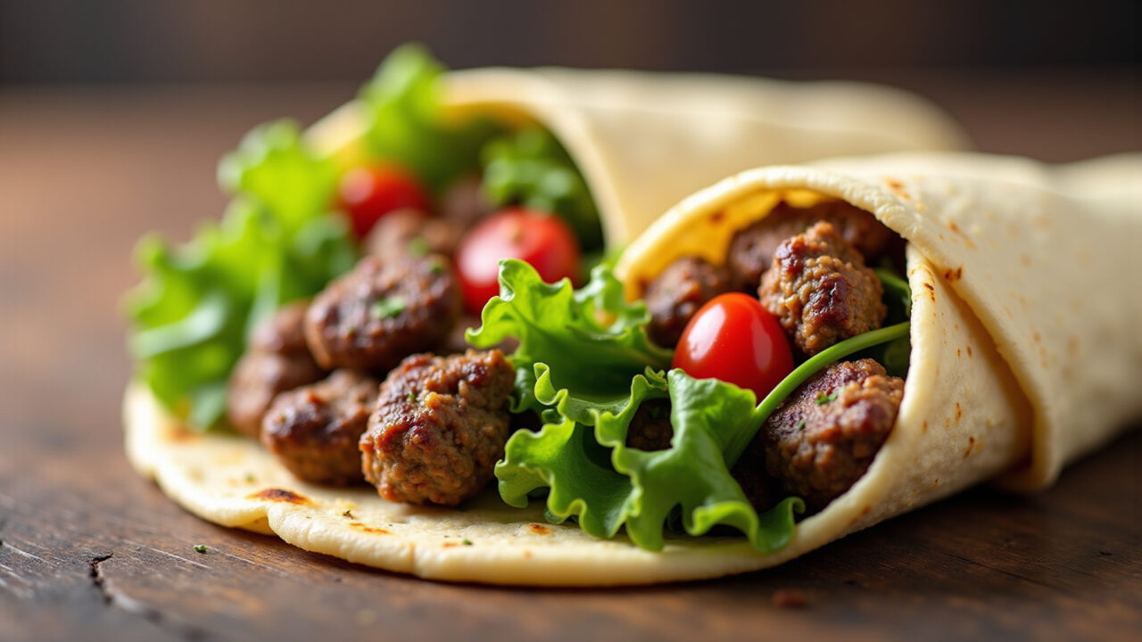Wrap with hamburger meat, fresh vegetables, rolled in a tortilla, healthy lunch, 8K quality, Wrap com carne de hambúrguer e legumes frescos.