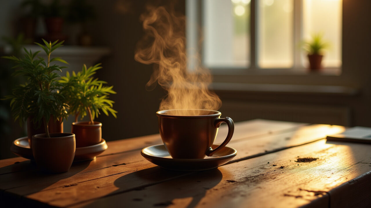 Yerba mate preparation, traditional cup, warm light, cozy setting, professional photography, 8k, Chá mate, energia e diurético suave.