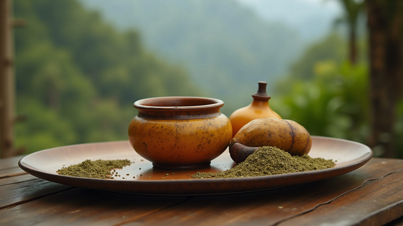 Yerba mate tea being prepared, traditional gourd and bombilla, vibrant colors, Brazilian landscape Chá mate para acelerar o metabolismo e queimar gordura.