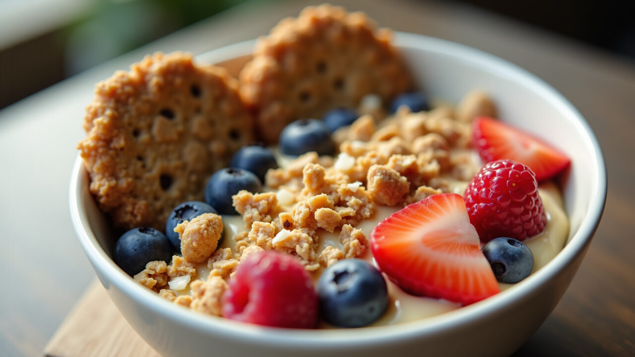 Yogurt bowl with whey protein cookies, granola, and fresh fruits, natural light, 8K, sharp focus, Iogurte turbinado com whey de cookies