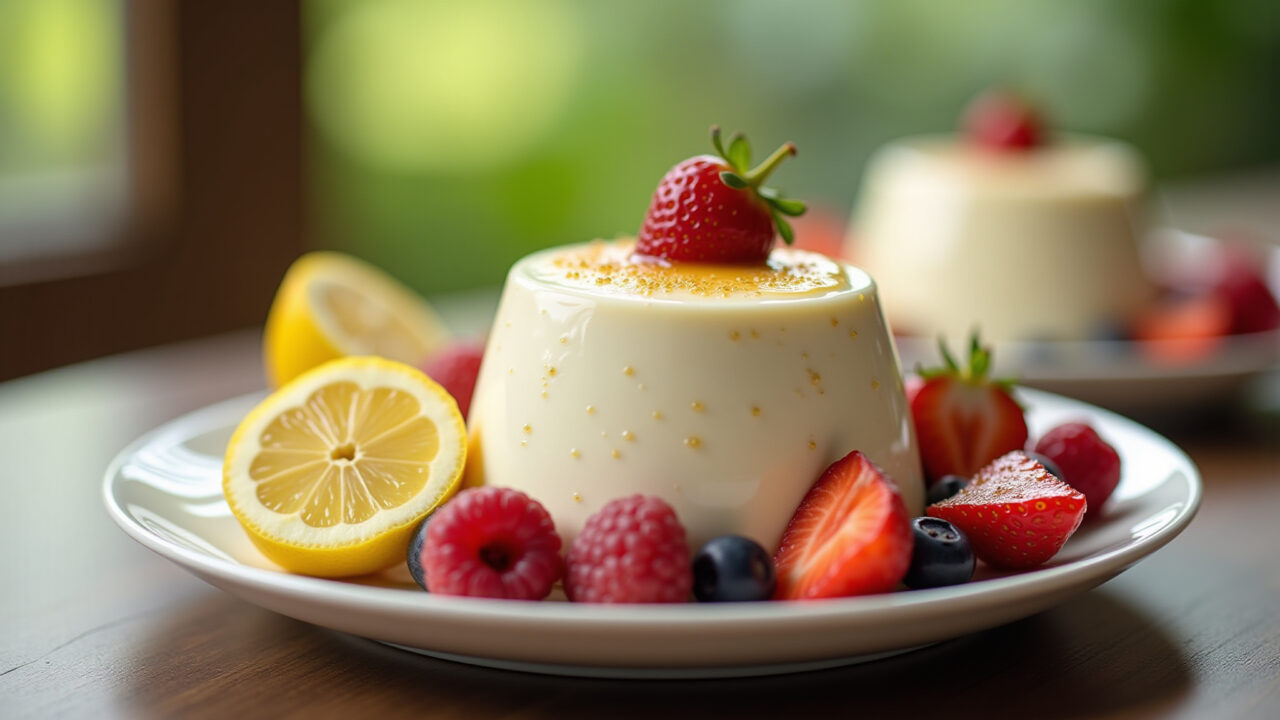 Yogurt mousse with honey and lemon, fresh fruits, Brazilian dessert, 8k, professional photography, Mousse de iogurte com mel e limão.