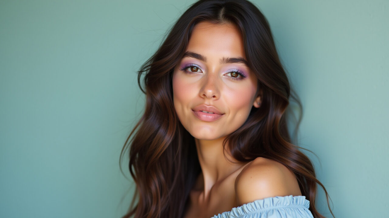 Maquiagem leve em tons pastel para vestido azul serenity.