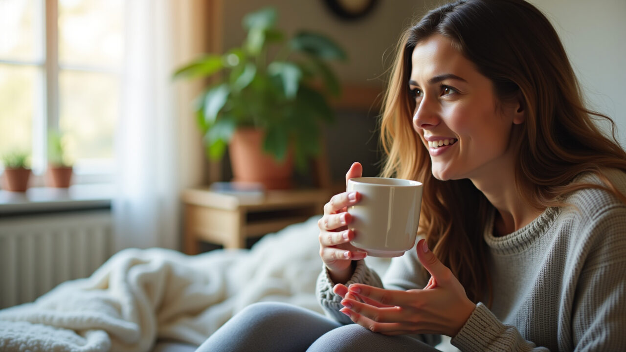 Young woman experiencing menstrual cramps, holding a cup of fennel tea, cozy home environment, Mulher aliviando cólicas menstruais com chá de erva-doce.