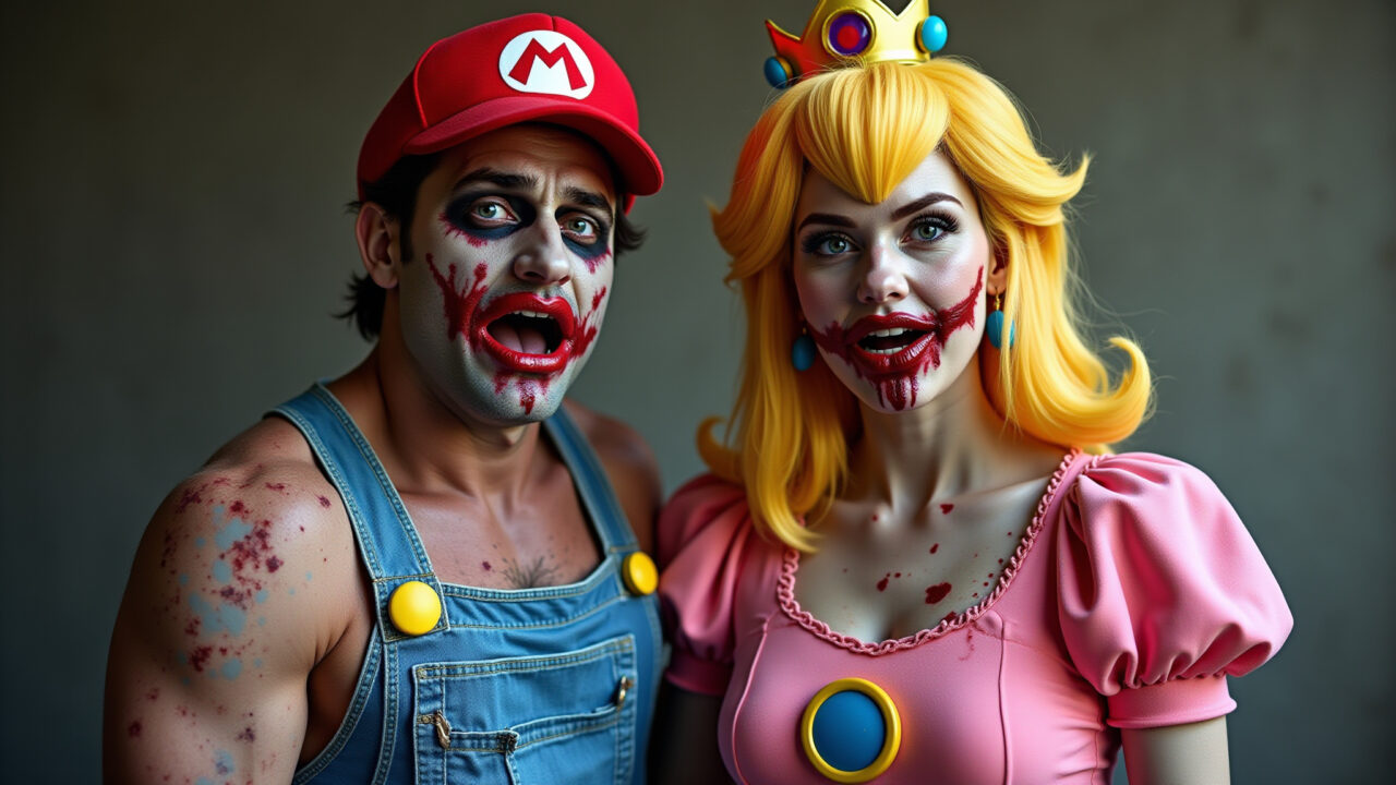 Zombie Mario and Princess Peach couple costume, ripped clothes, blood stains, video game theme, Casal com fantasia divertida de Mário e Princesa Peach zumbis para Halloween.
